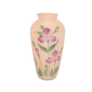 Vintage Pink Vase Satin Glass w Purple Iris Hand Painted 9"